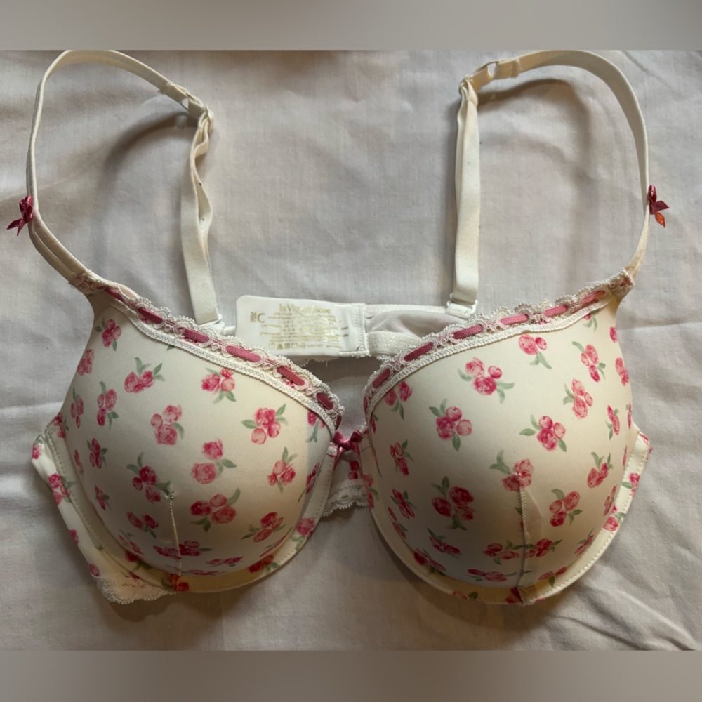 ⭕️bridal theme rose print push up la vie en rose bra with bow details NWOT